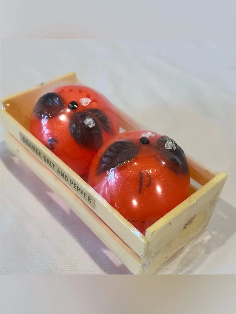 Vintage Orange Salt & Pepper Shakers in Crate Retro Kitchen Decor